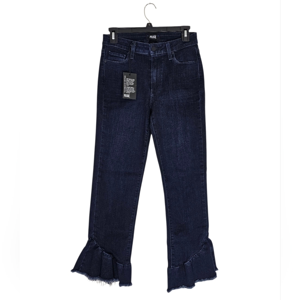 PAIGE Flora Frayed Hem Merritt High Rise Flare Dark Blue Ruffle Jeans 27 NWT